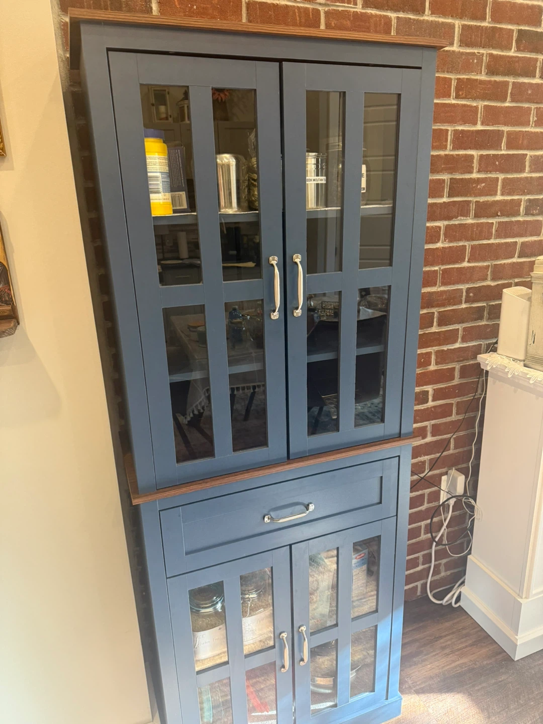Blue non- detachable Two piece Hutch Cabinet with Glass Doors