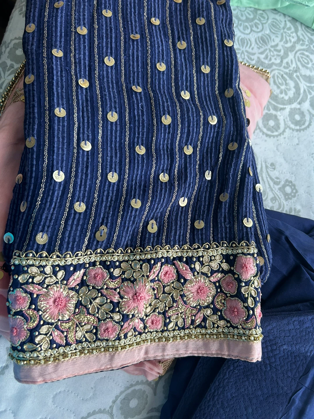 Embroidered Blue and Pink Indian Suit Set - photo 3