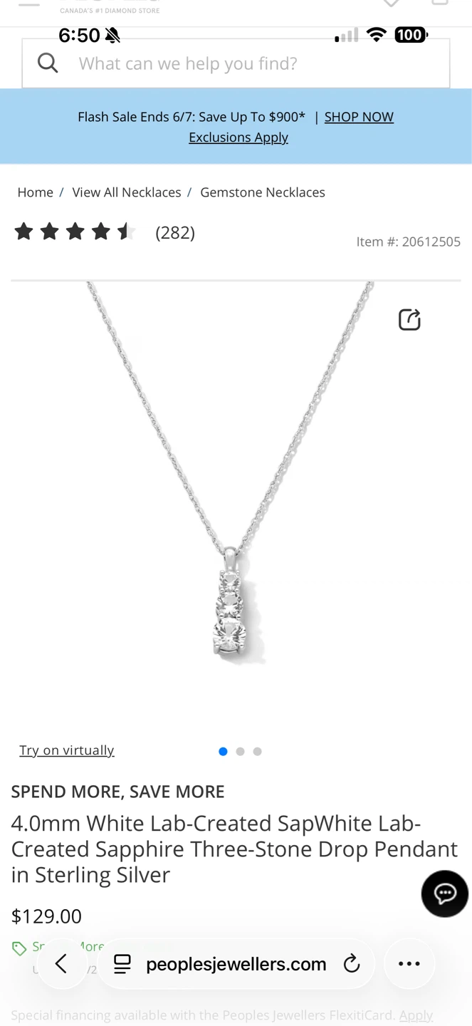 Peoples Lab-Created Sapphire Three-Stone Drop Pendant Necklace - photo 2