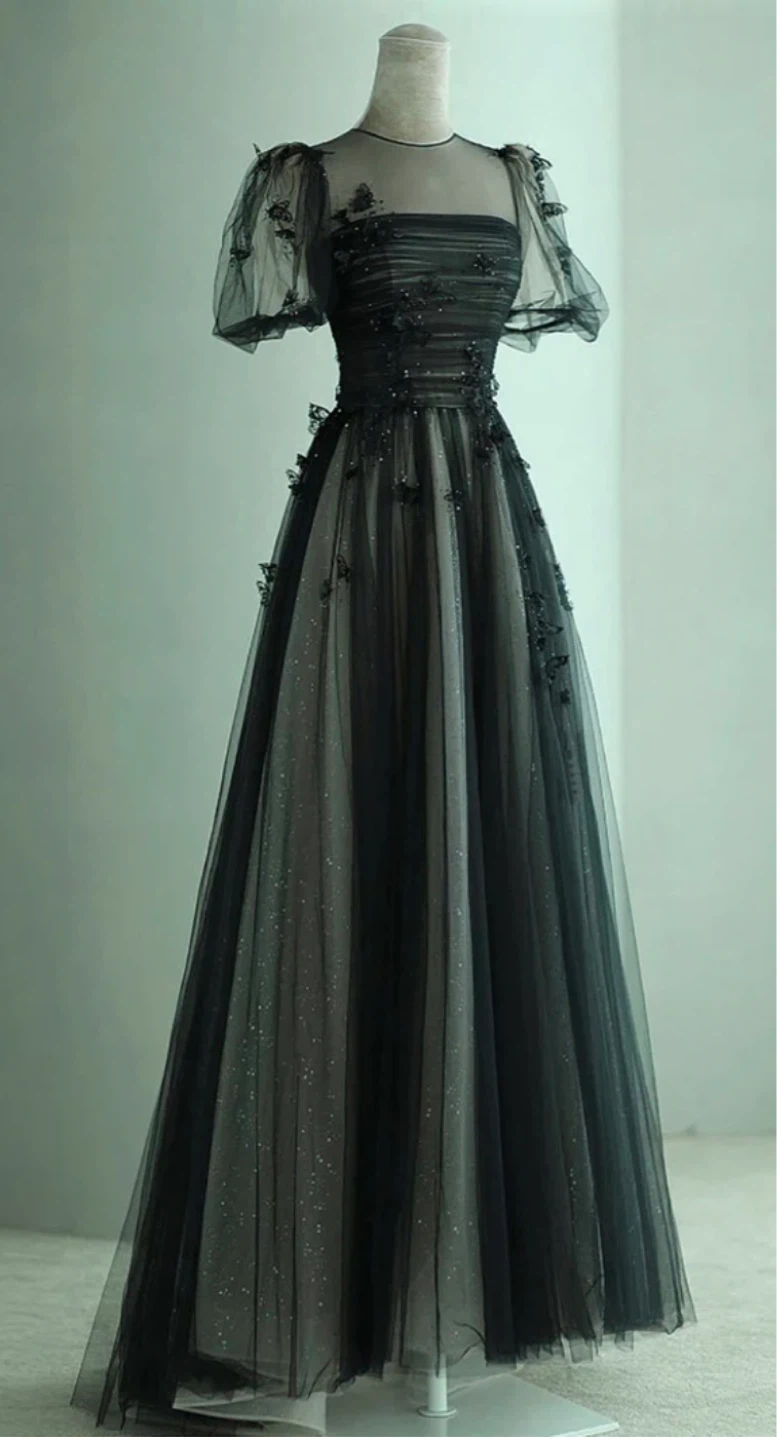 Black Tulle Prom Dress with Butterfly Appliqués