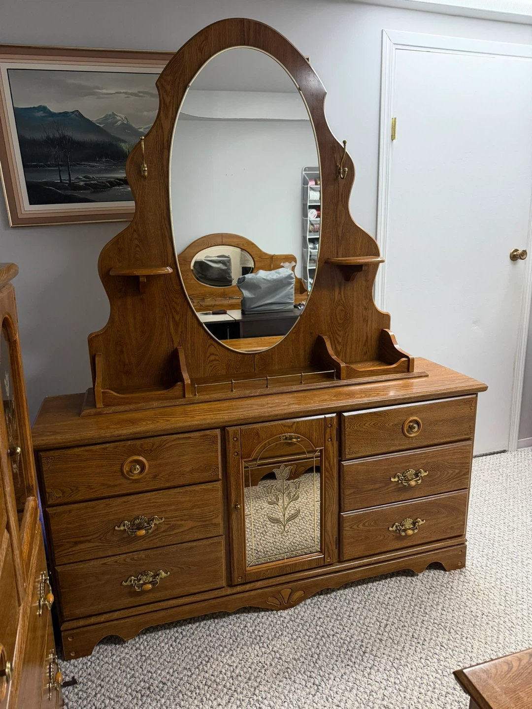 Oak Dresser Set with Mirror and Nightstand