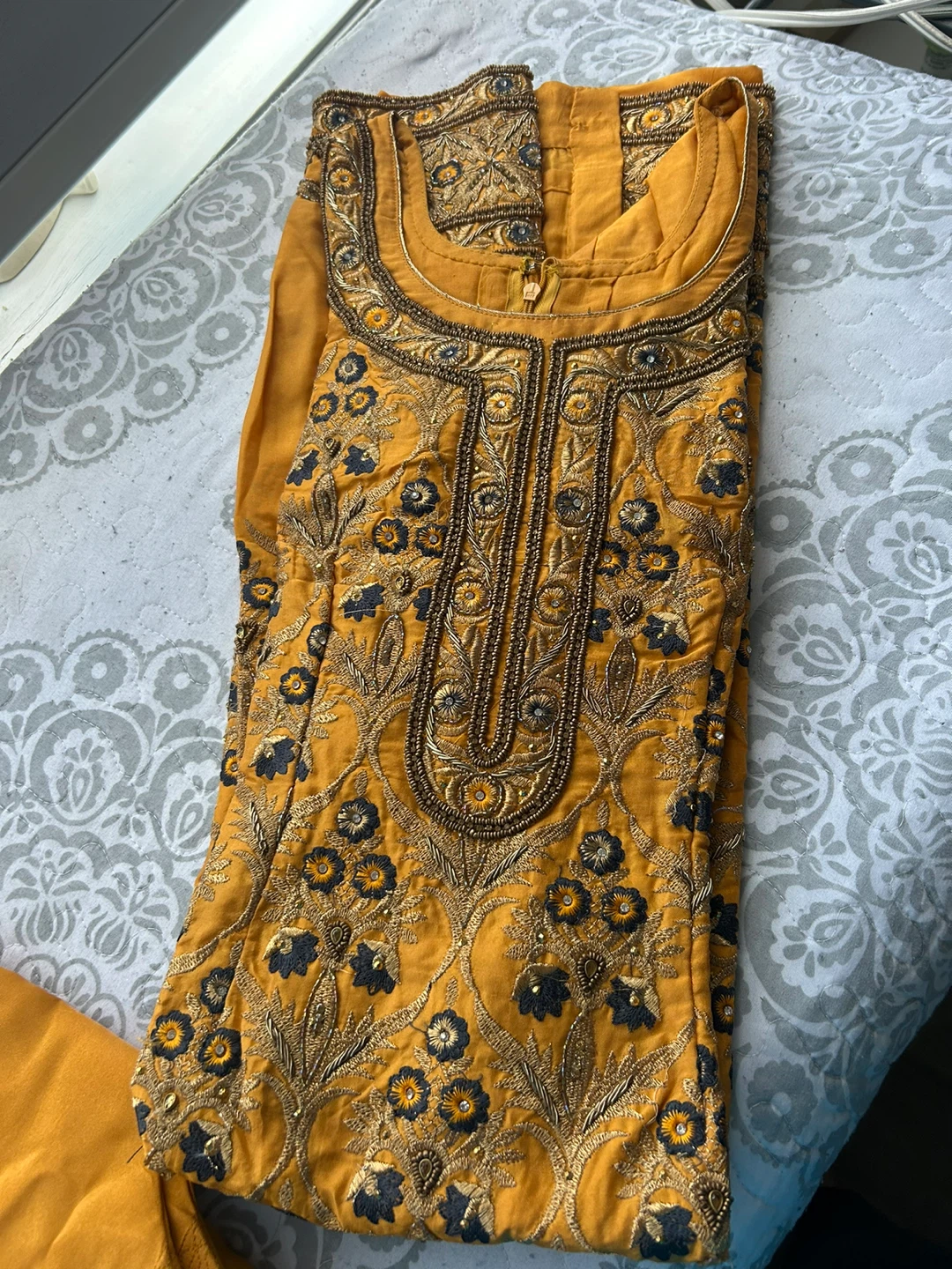 Yellow and grey Embroidered Indian Suit