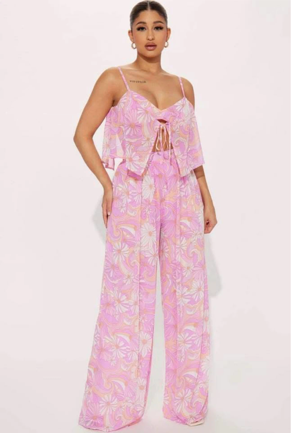 Pink Floral Wide Leg Jumpsuit Set