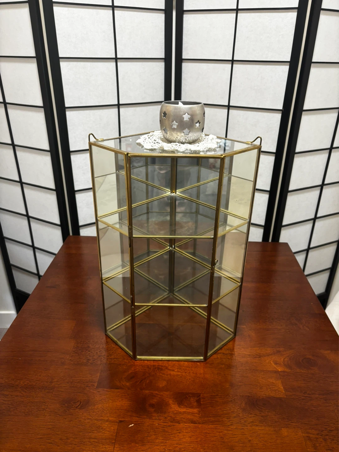 Glass Display Cabinet with Gold Trim
