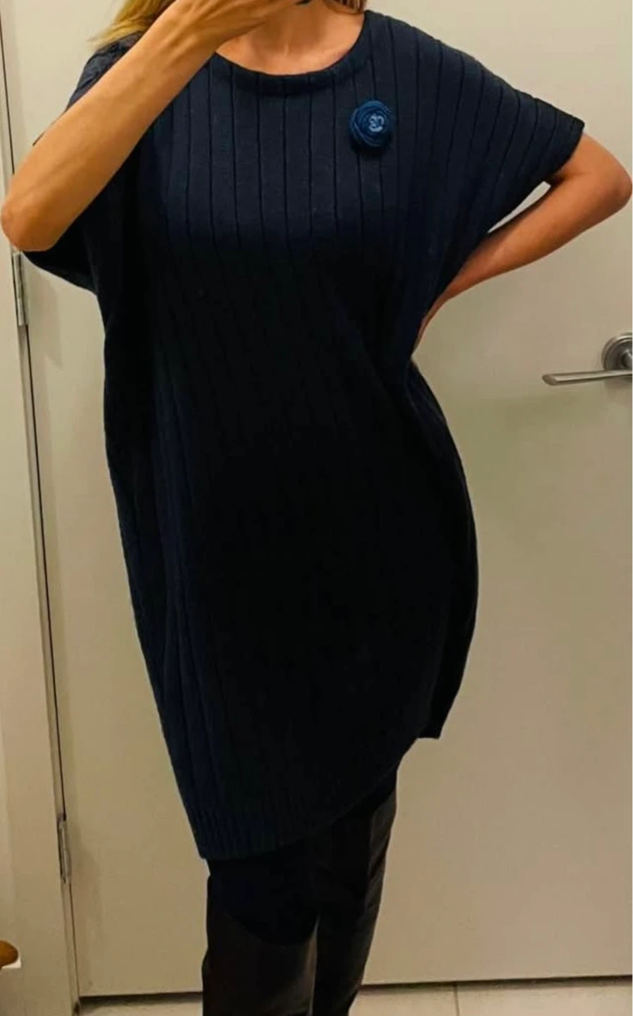 Navy Blue Tunic Sweater with Brooch