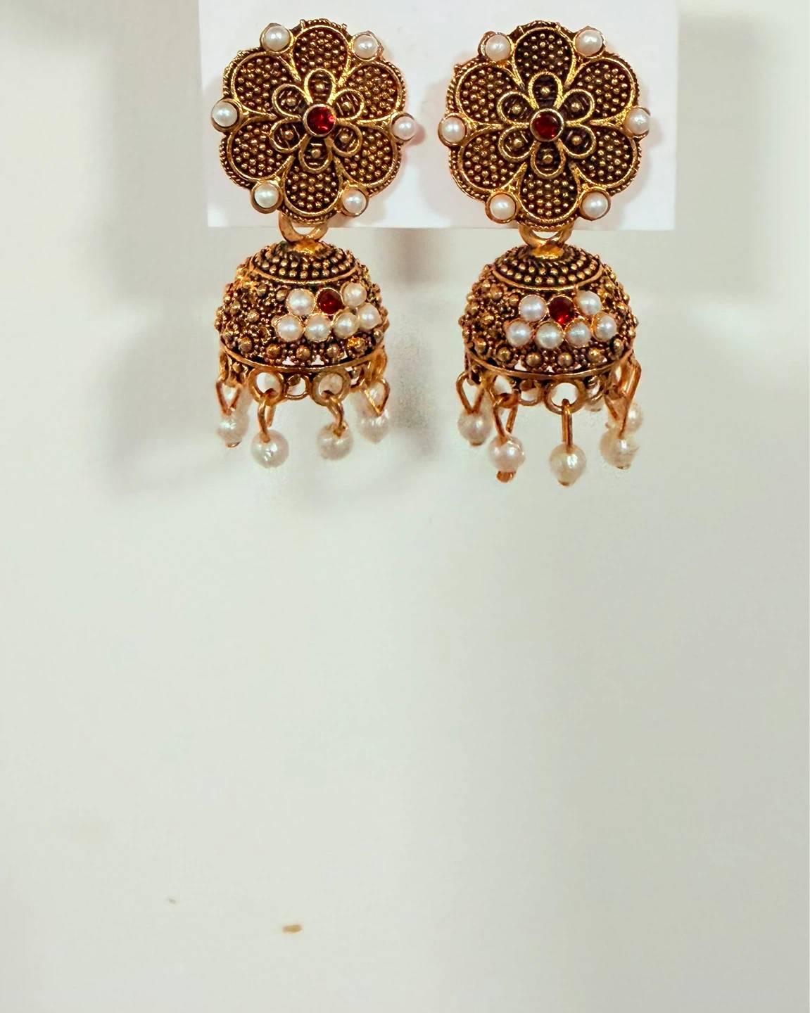 Antique Gold Jhumka Earrings with Pearls - photo 3