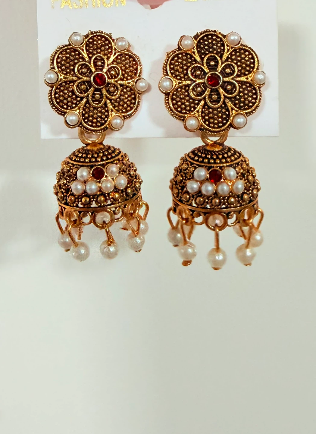 Antique Gold Jhumka Earrings with Pearls - photo 2