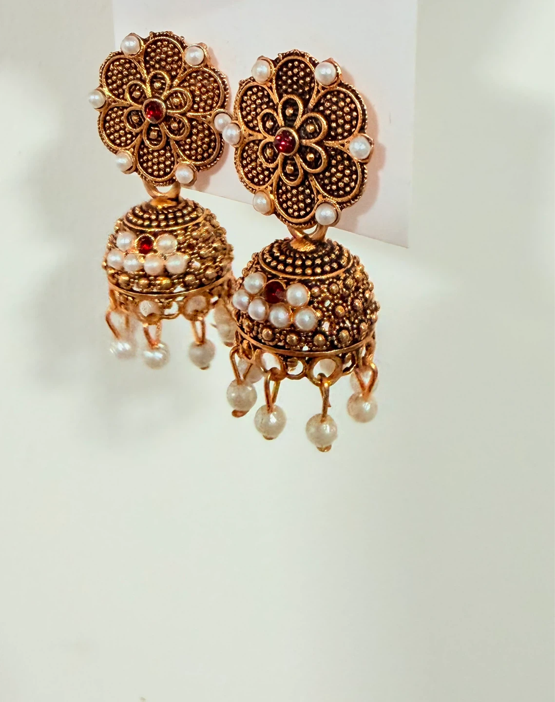 Antique Gold Jhumka Earrings with Pearls - photo 4