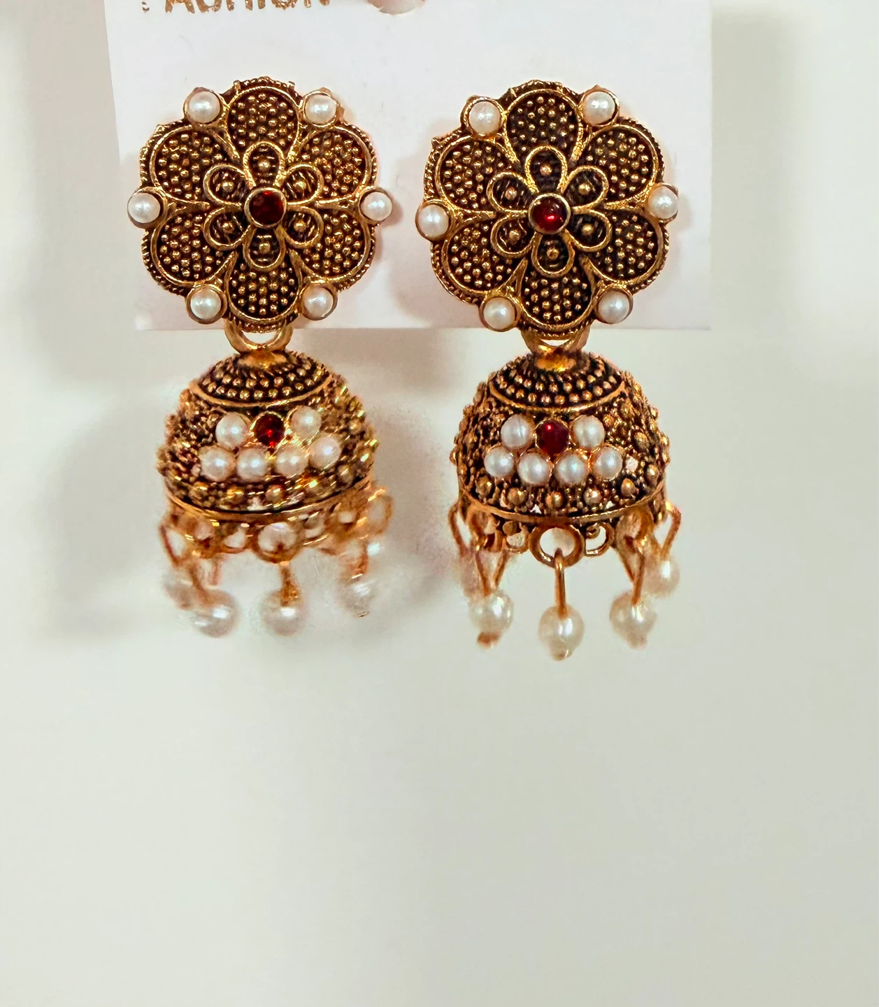 Antique Gold Jhumka Earrings with Pearls
