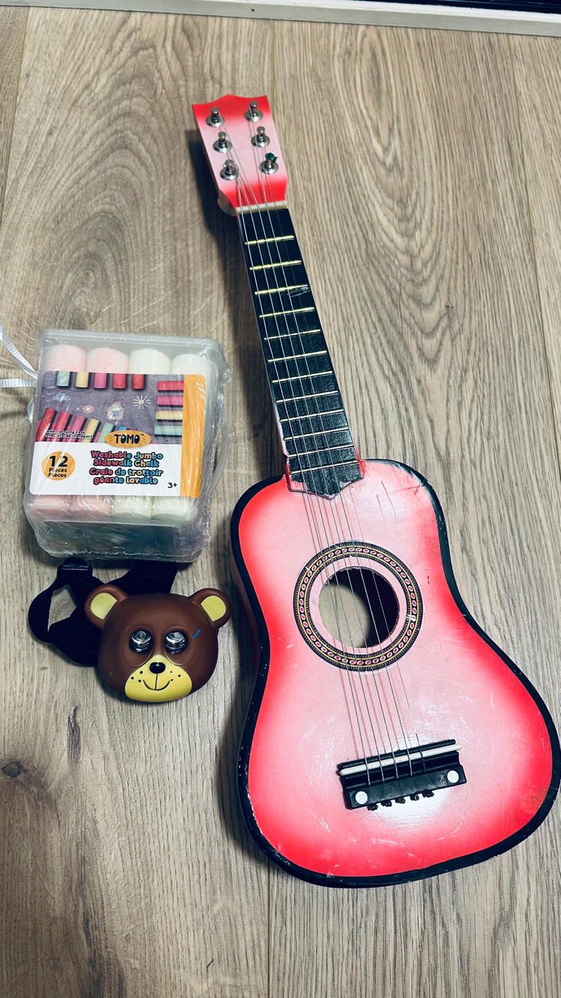 Kids Toy Guitar Bundle + Sidewalk Chalk + Bear Light