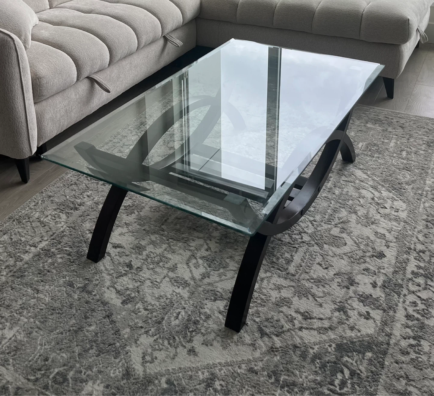 Glass Top Coffee Table with Dark Wood Base