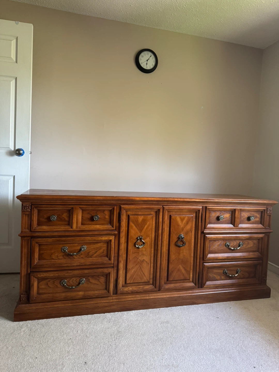 Solid Oak Dresser with Cabinets and Drawers