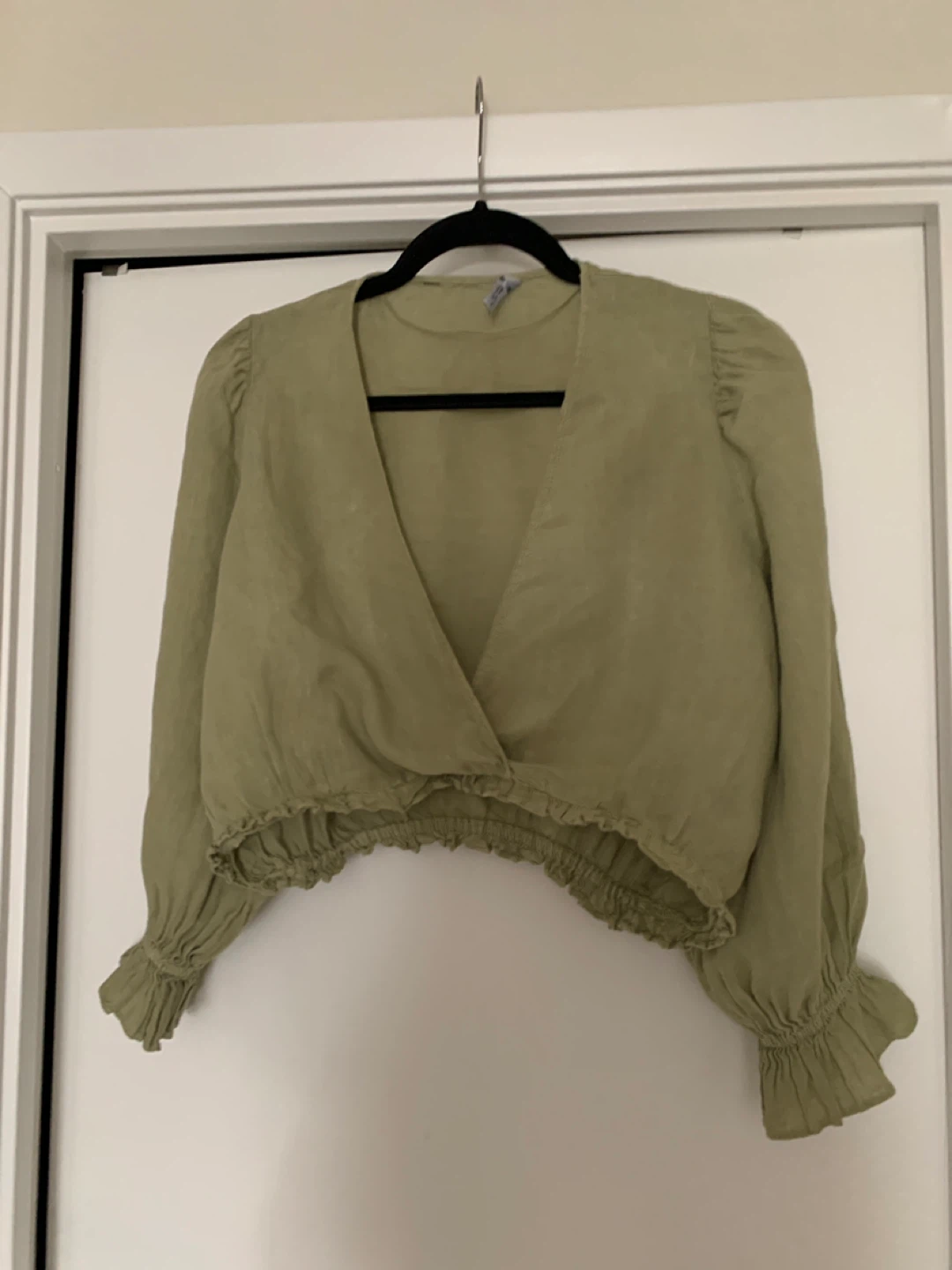 Women's 100 % linen Olive Green Cropped Wrap Blouse