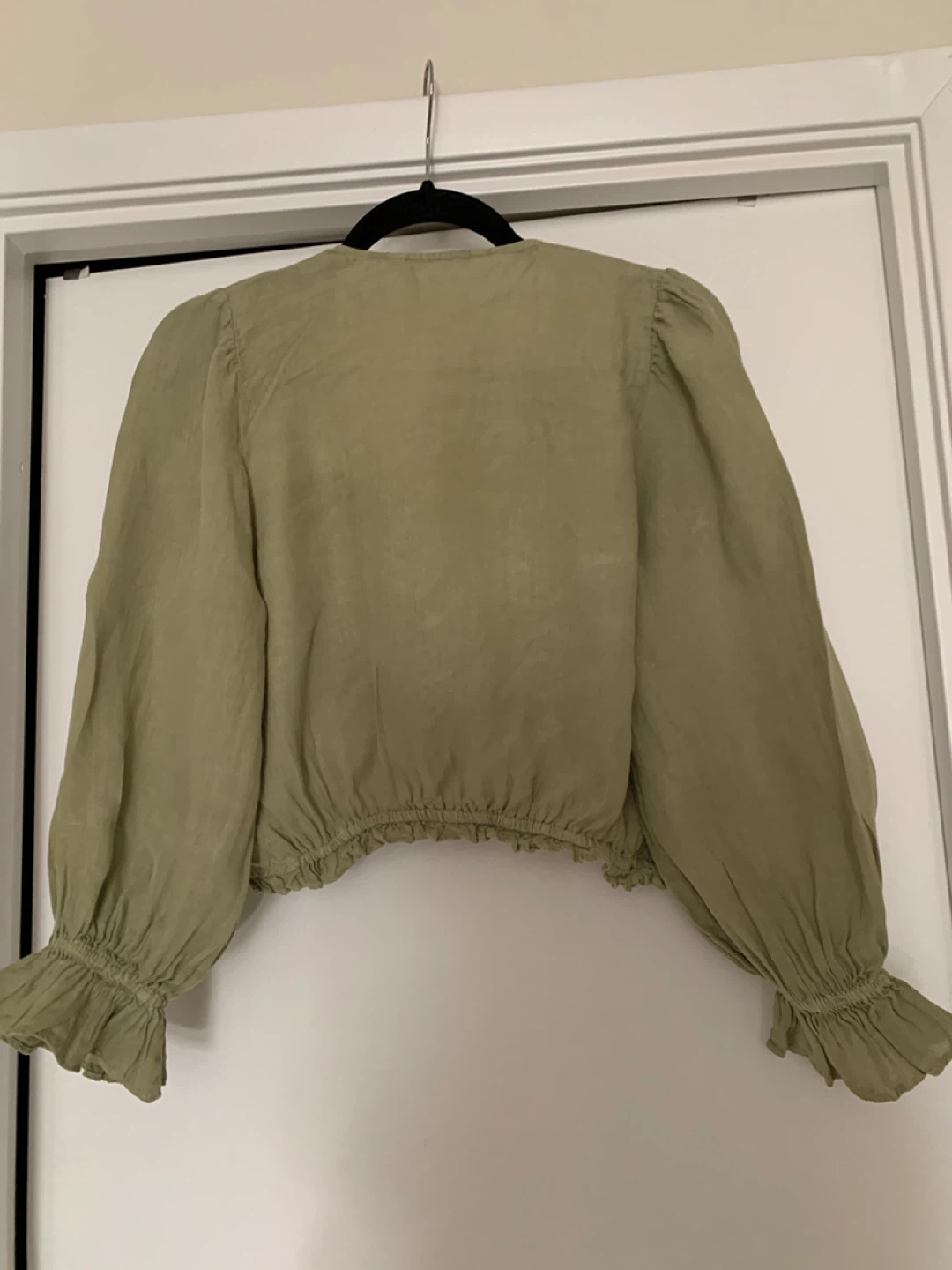 Women's 100 % linen Olive Green Cropped Wrap Blouse - photo 2