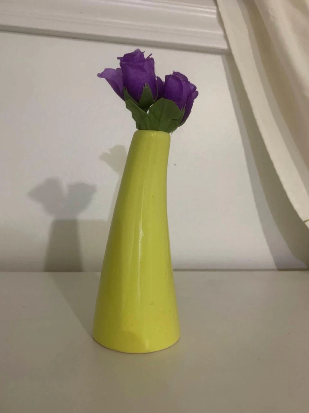 Yellow Ceramic Vase with Purple Flowers