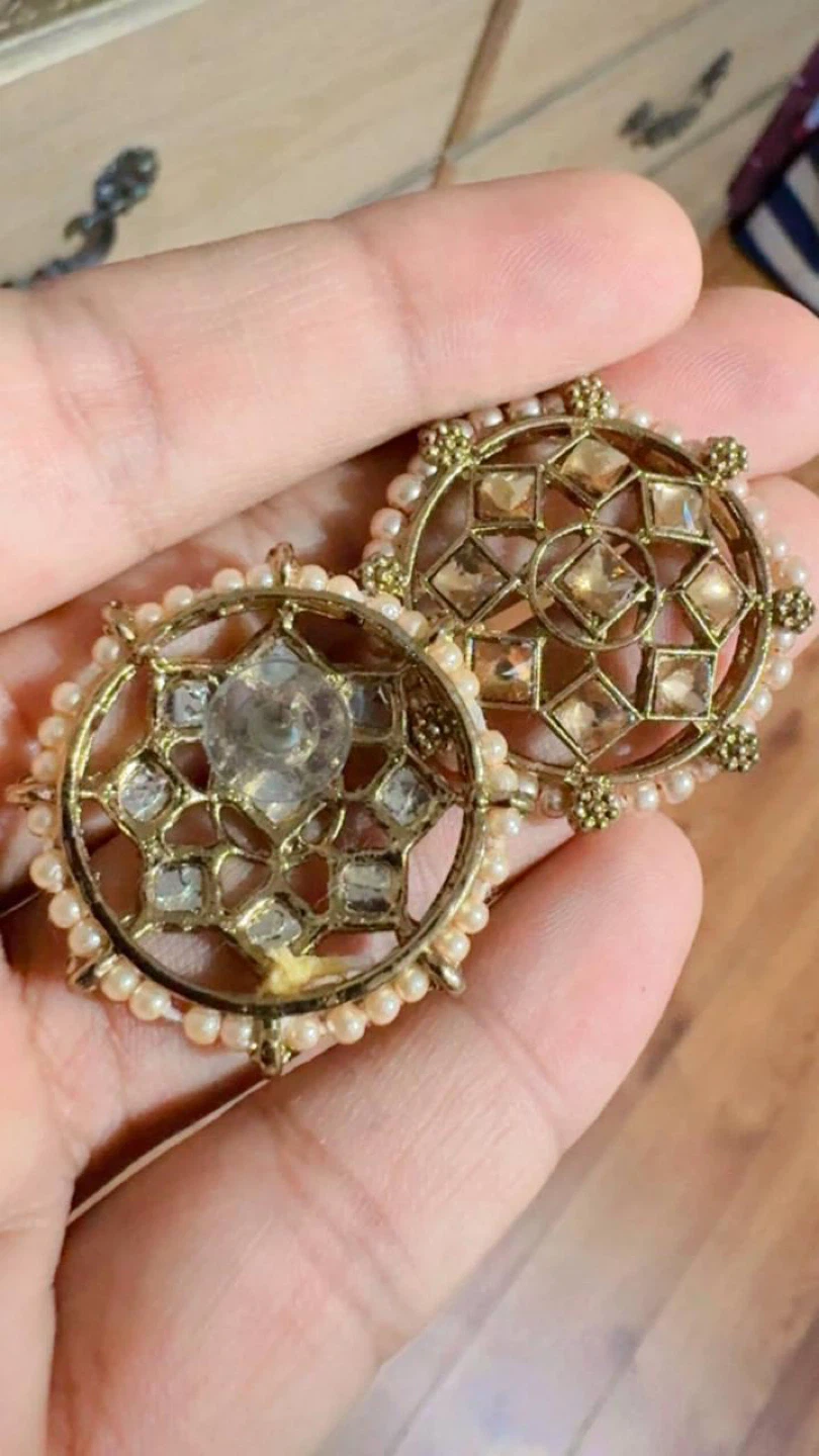 Gold-tone Jhumka Earrings with Pearls and Stones - photo 2