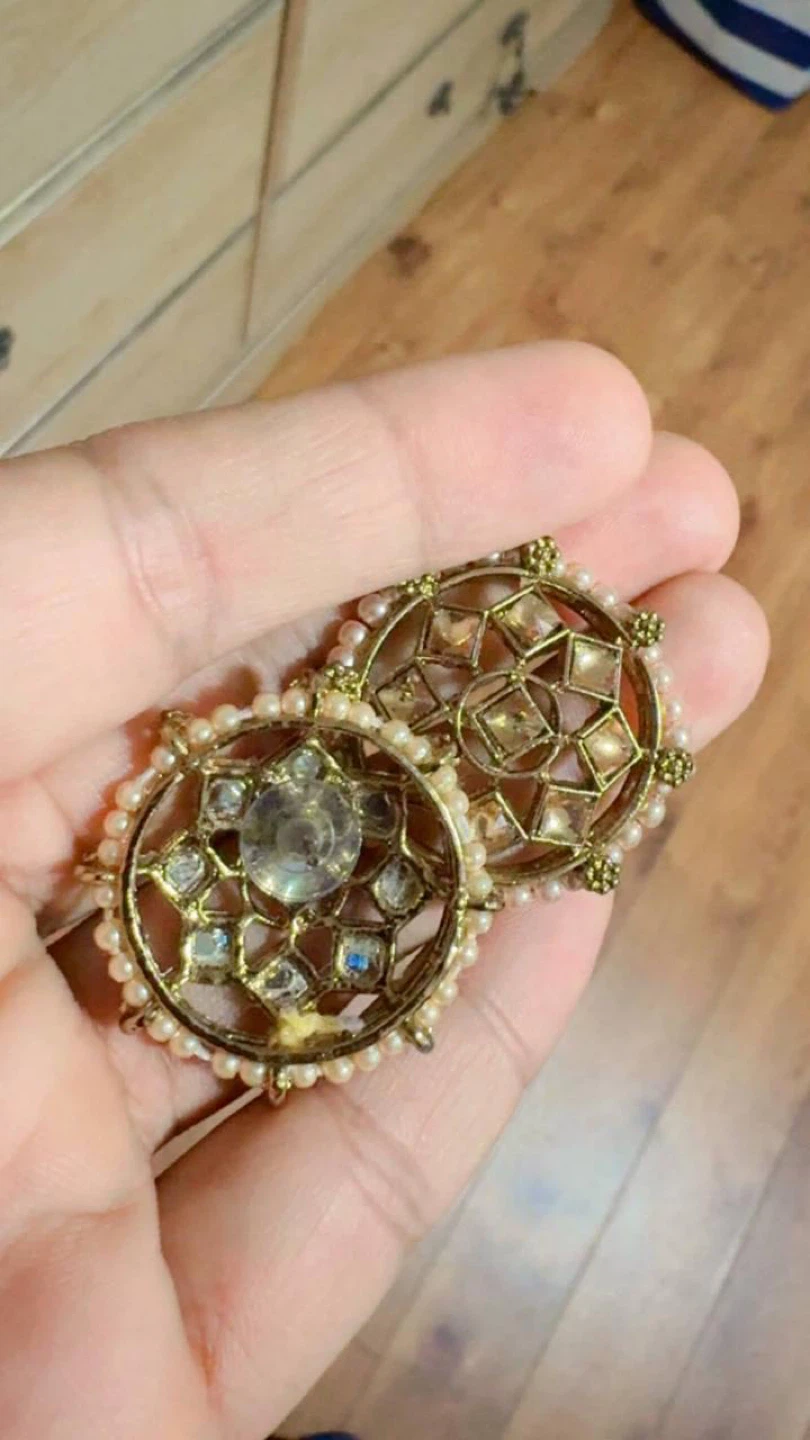 Gold-tone Jhumka Earrings with Pearls and Stones - photo 4