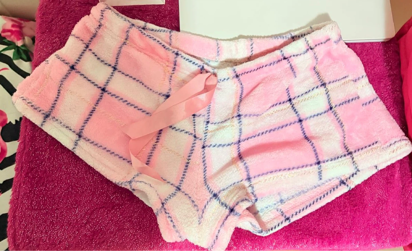 Fuzzy Plaid Sleep Shorts - Size M