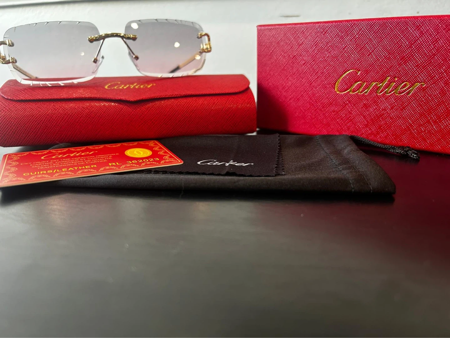 Red Cartier Rimless Sunglasses with Red Case and Box