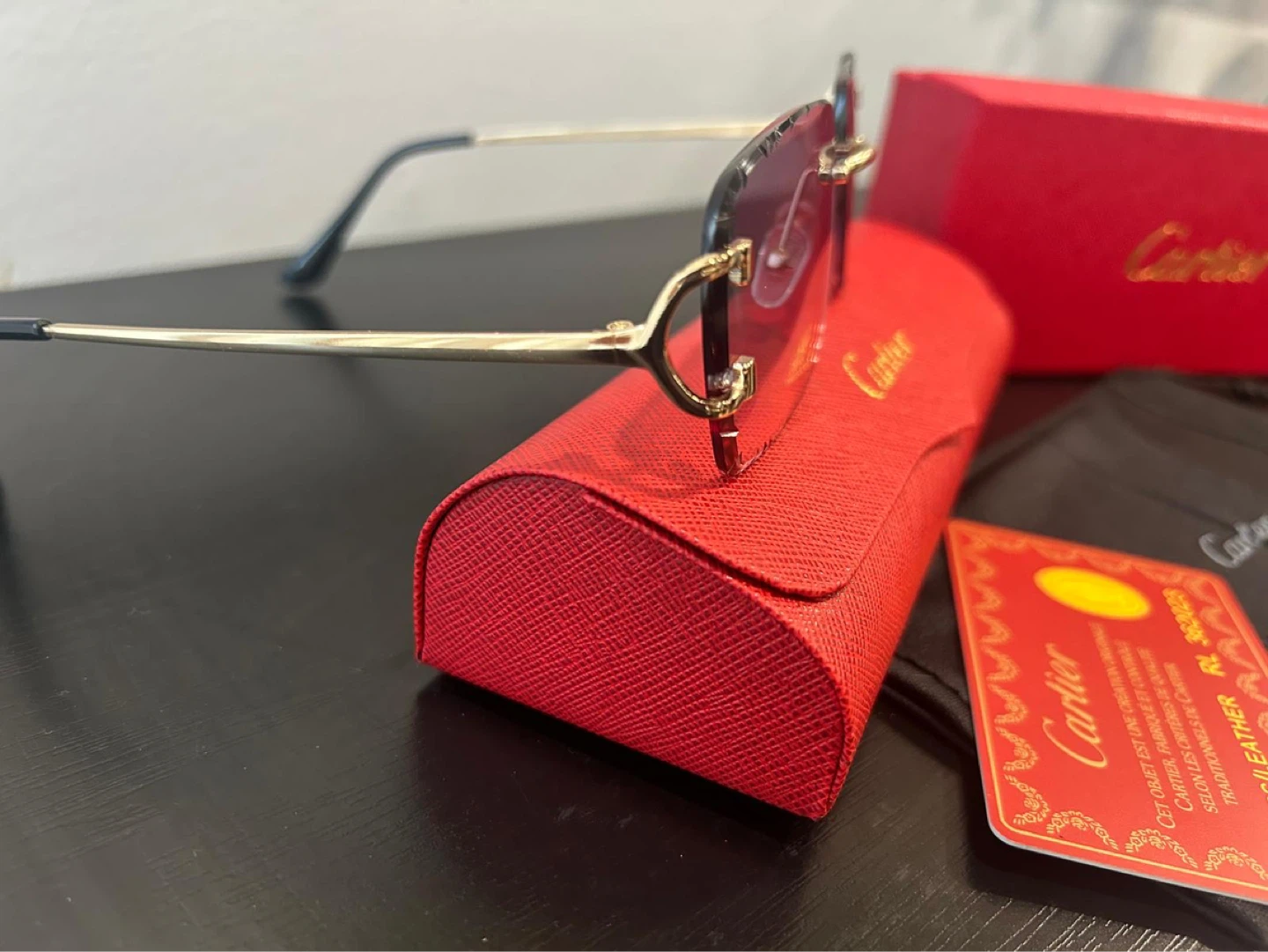 Red Cartier Rimless Sunglasses with Case and Box - photo 2