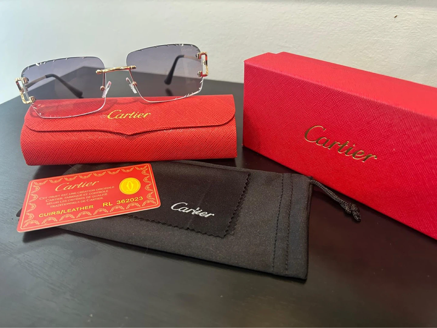 Red Cartier Rimless Sunglasses with Case and Box
