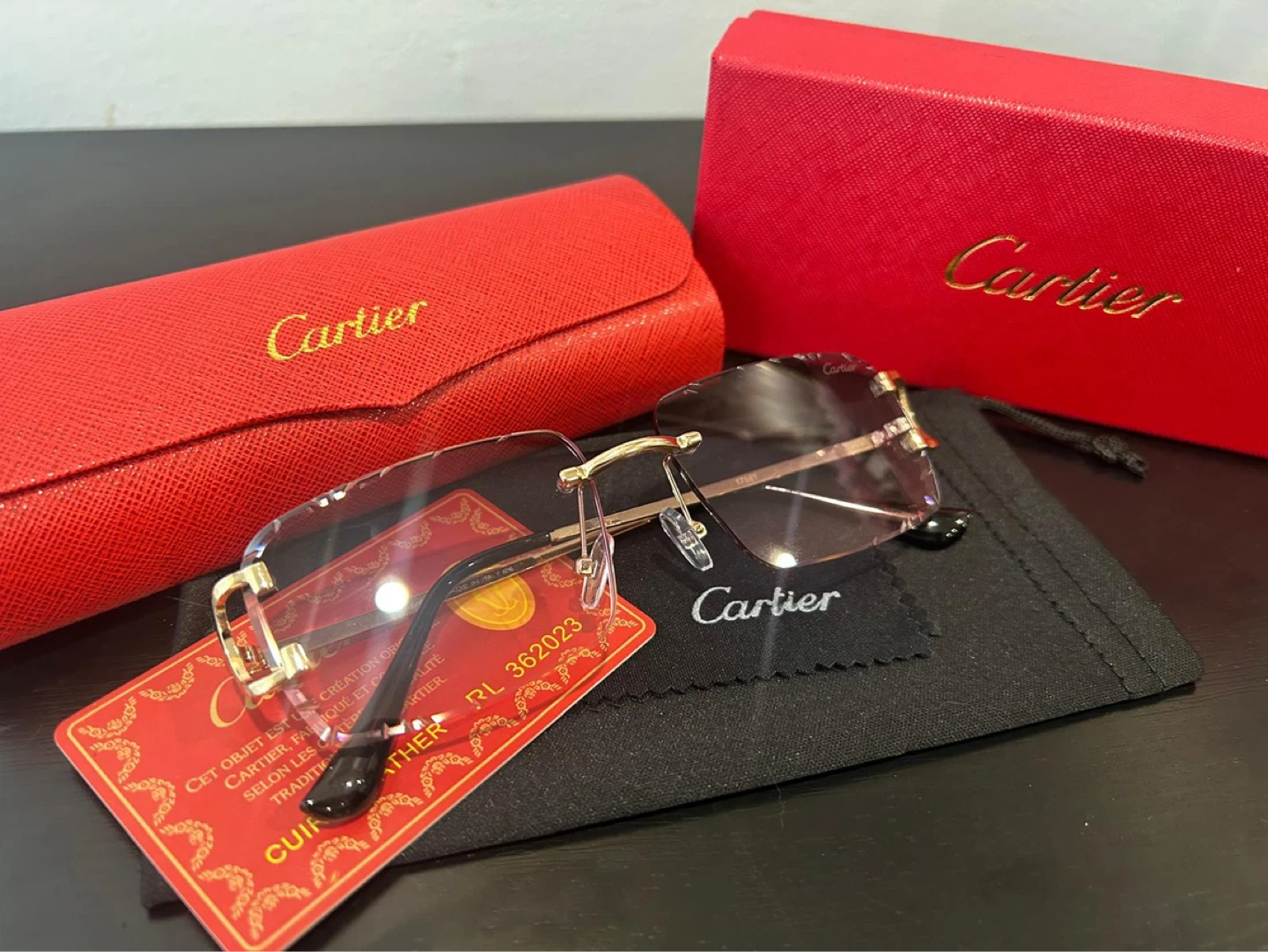 Red Cartier Rimless Sunglasses with Case and Box - photo 3