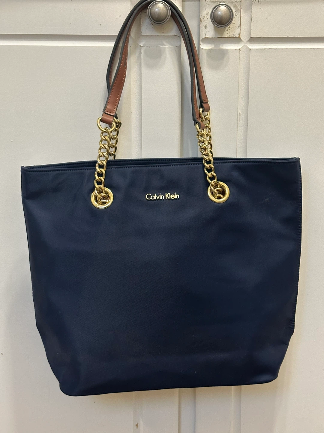 Calvin Klein Navy Tote Bag with Gold Chain Accents