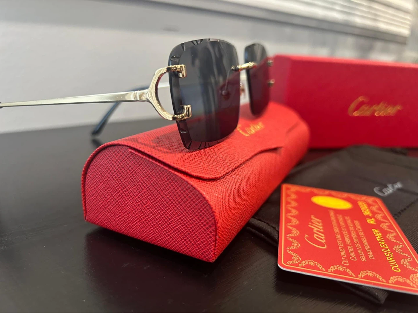Black Cartier Rimless Sunglasses with Red Case and Box - photo 2