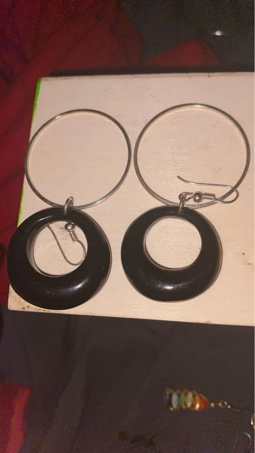 Hoop earrings with black wooden circles