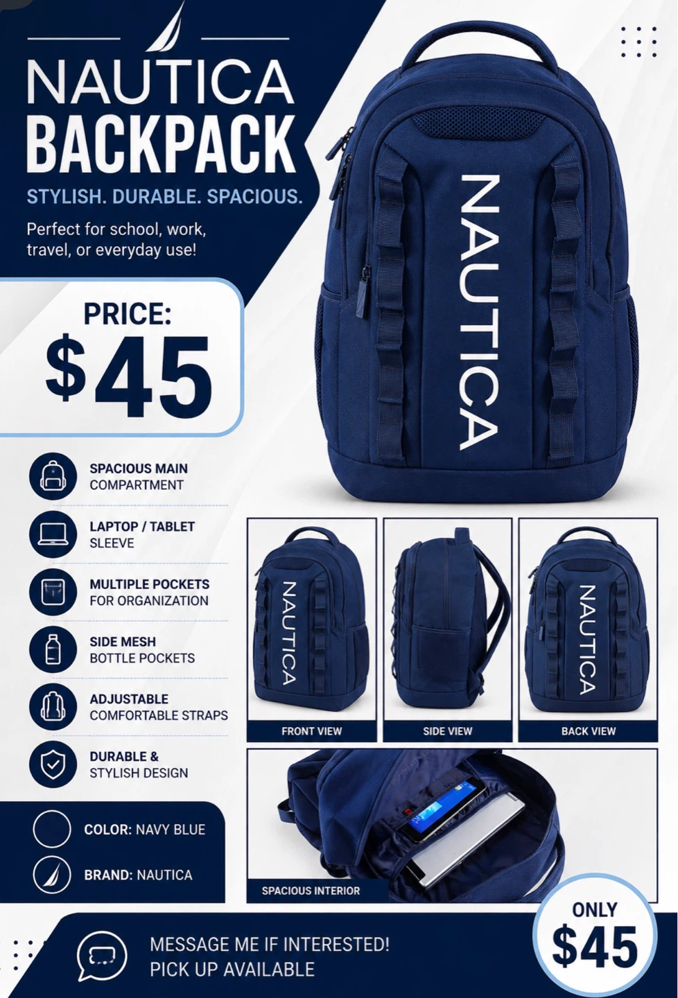 Nautica Navy Blue Backpack with Laptop Sleeve