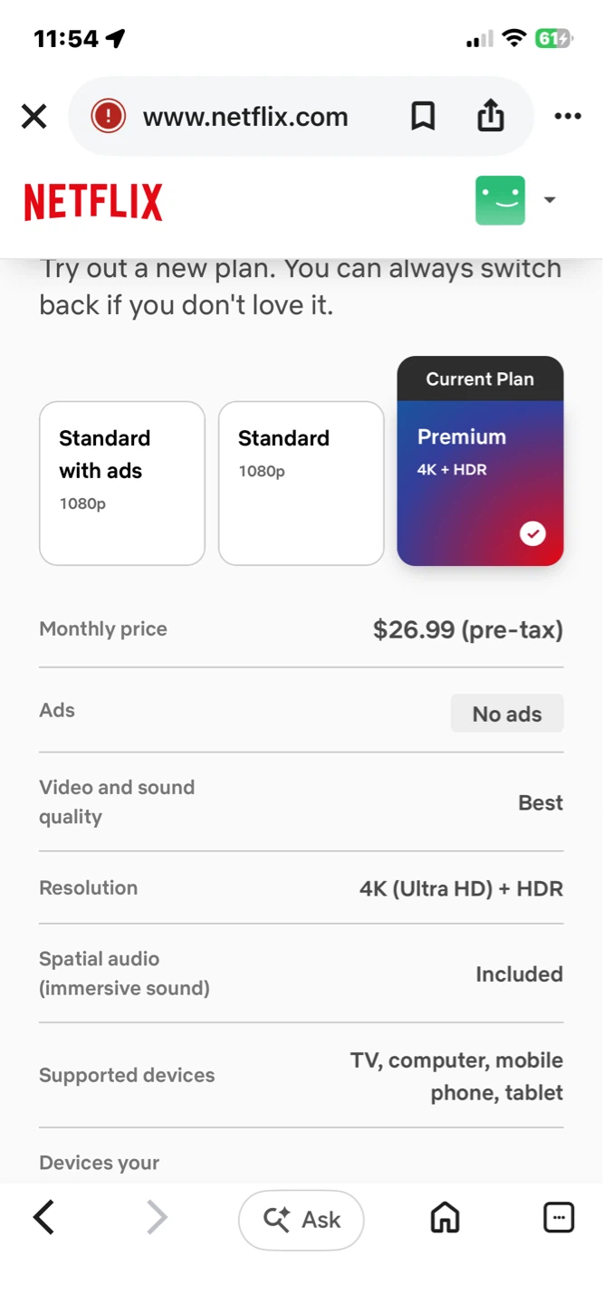 Netflix Premium Plan HDR 4K $18