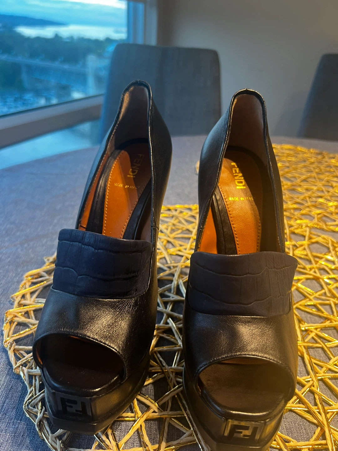 Fendi Black Leather Peep-Toe Platform Heels