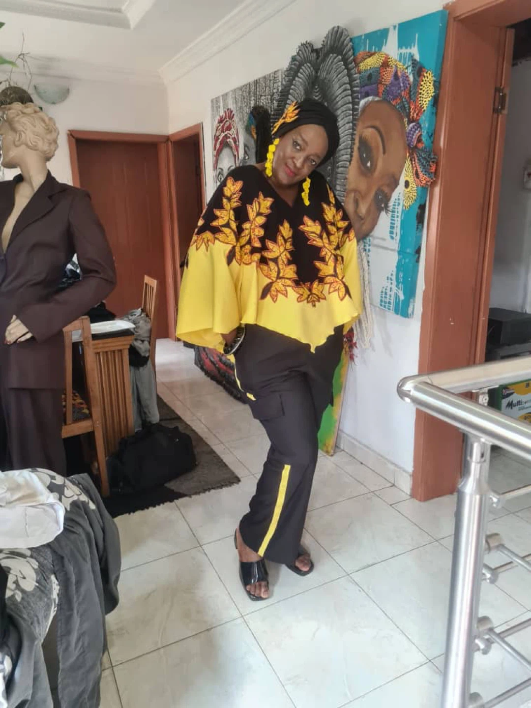 ULO Clothing Black & Yellow Print Cape Top with Pants Set - photo 2