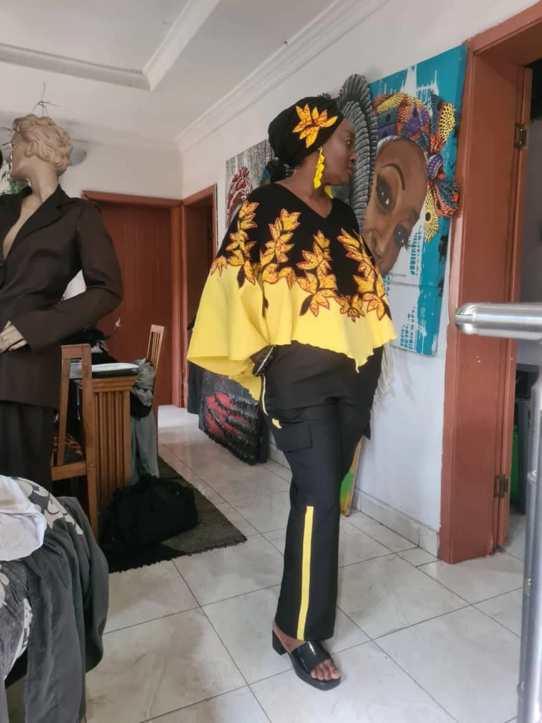 ULO Clothing Black & Yellow Print Cape Top with Pants Set