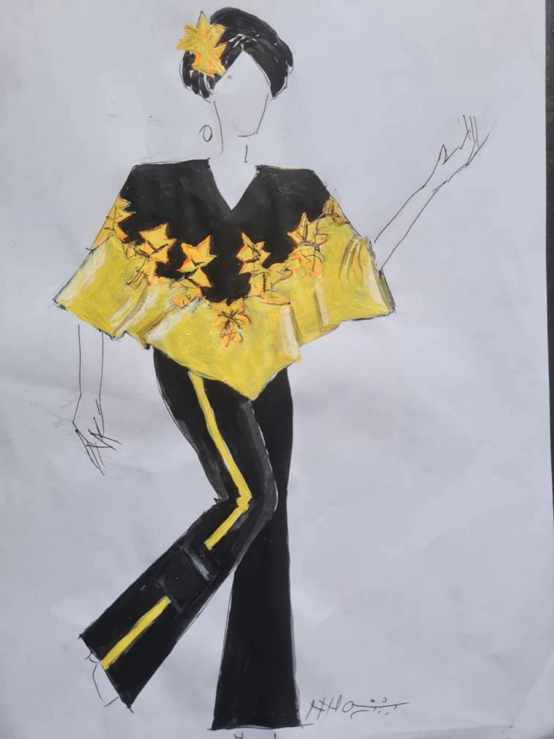ULO Clothing Black & Yellow Print Cape Top with Pants Set - photo 3