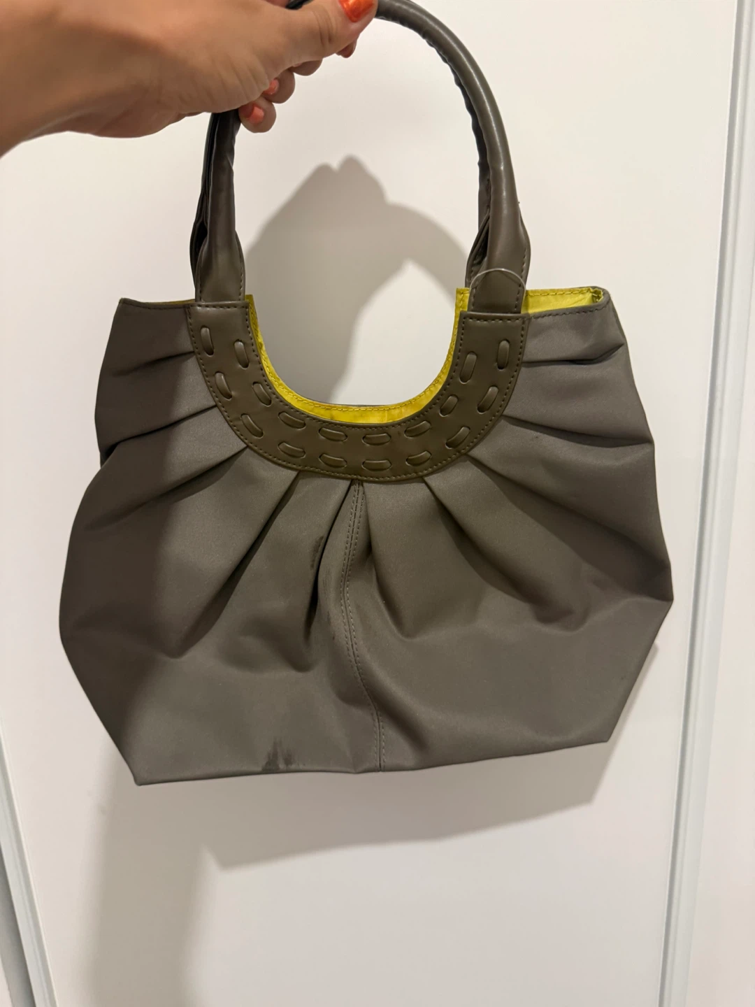 Grey Pleated Shoulder Bag with Yellow Lining