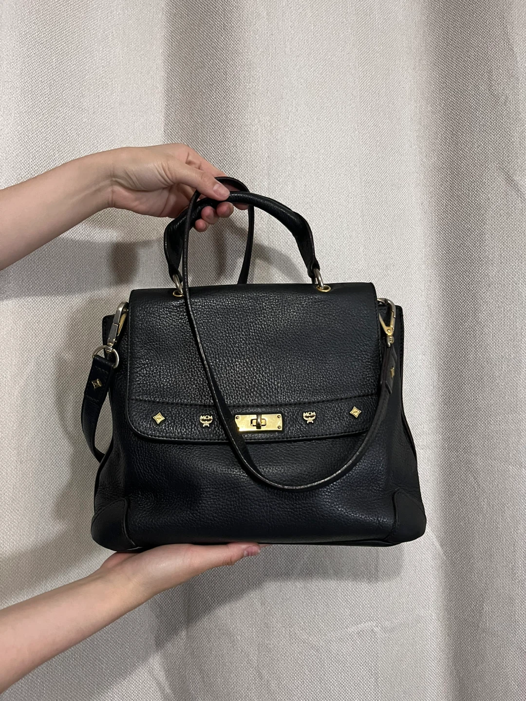 MCM Black Pebbled Leather Top Handle Satchel Bag