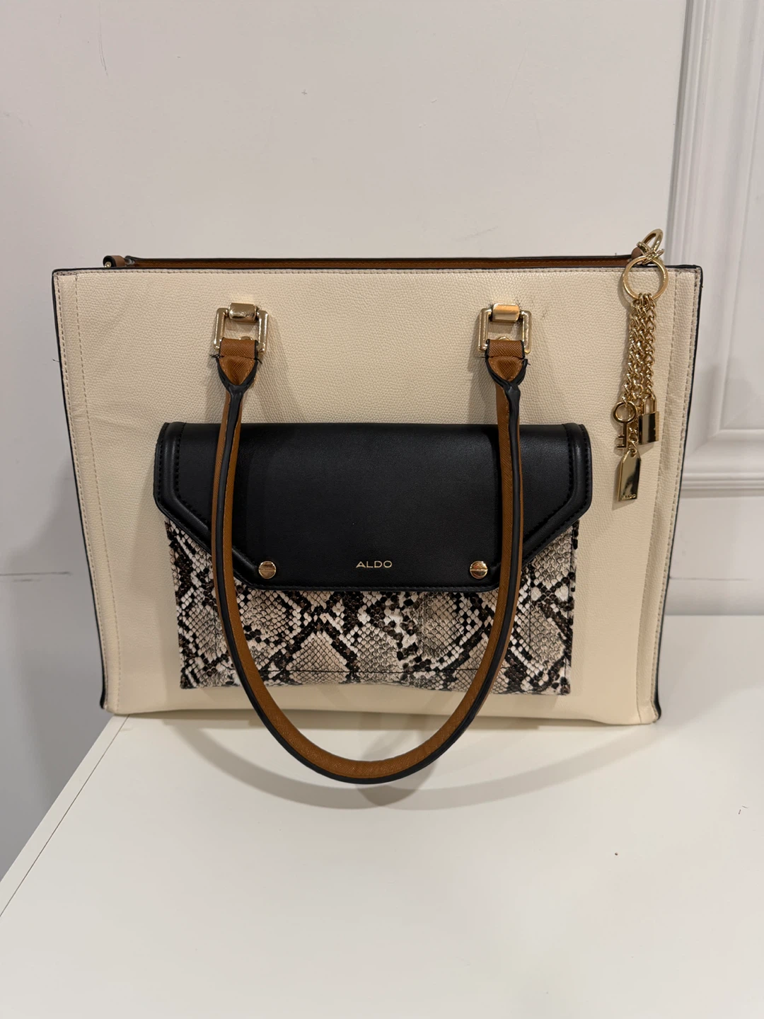 ALDO Cream and Black Snake Print Tote Handbag