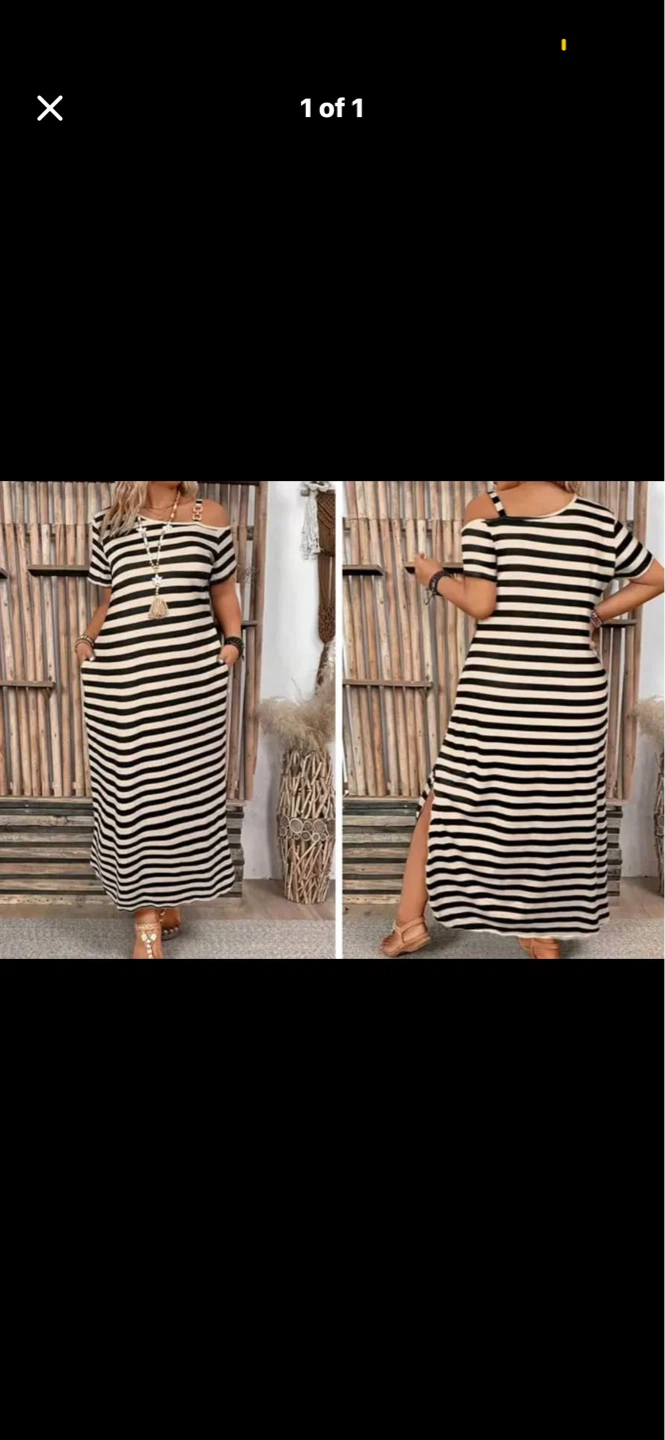 Plus size Striped Maxi Dress with Cold Shoulder. Size 2XL