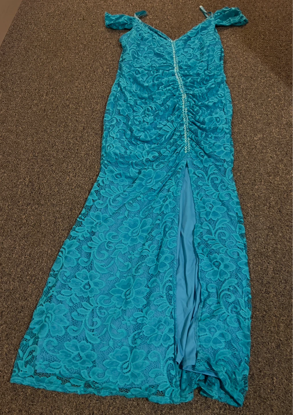 Blue Lace Formal Dress with Slit