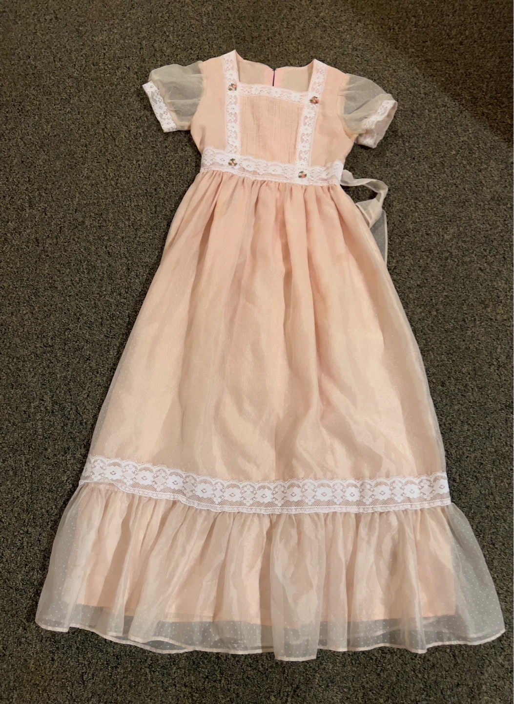 Pink formal dress with lace trim