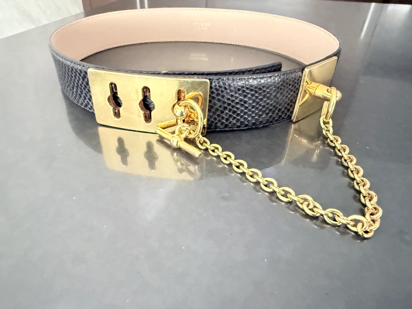 Black Snake Embossed Leather Belt with Gold Chain Detail - photo 4