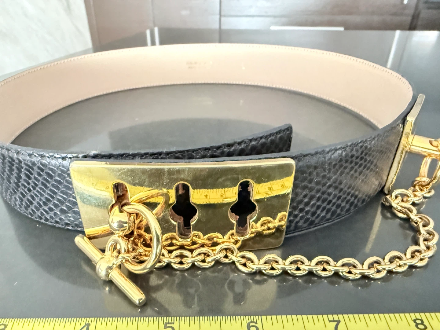 Black Snake Embossed Leather Belt with Gold Chain Detail