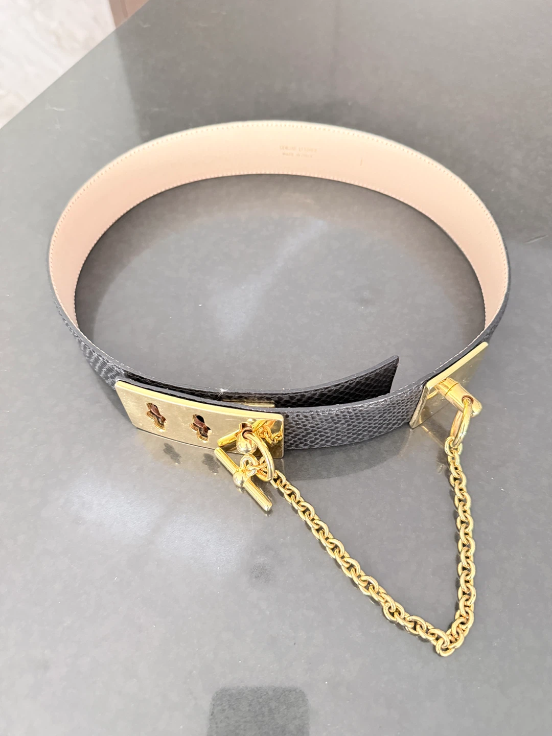 Black Snake Embossed Leather Belt with Gold Chain Detail - photo 5