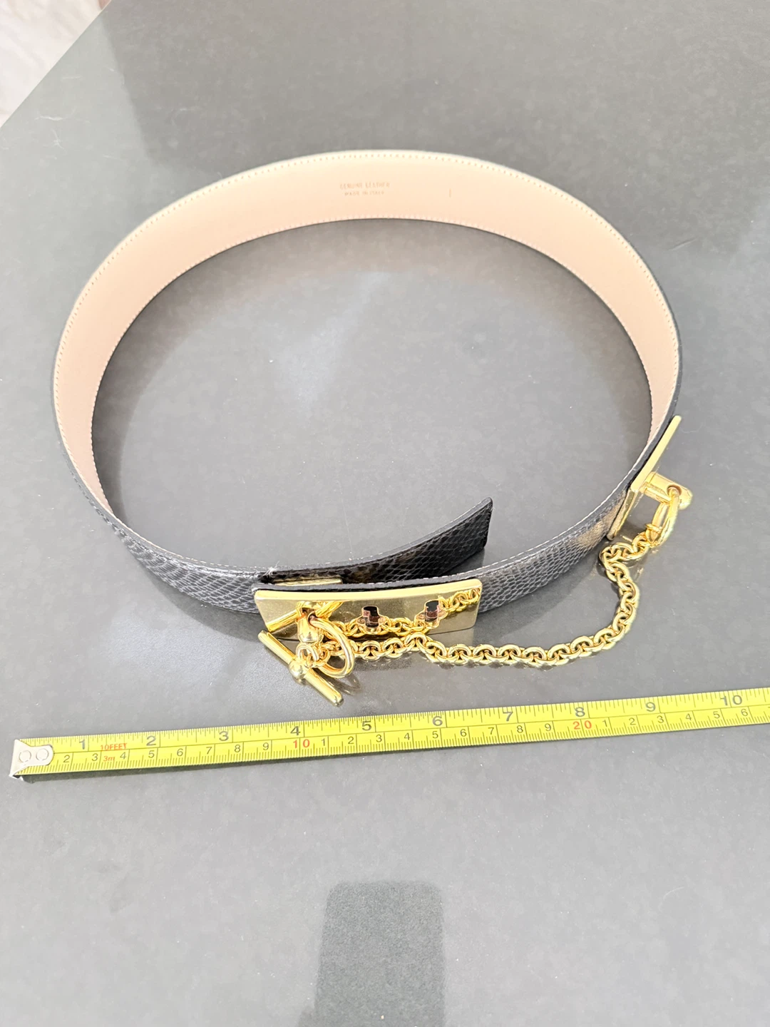 Black Snake Embossed Leather Belt with Gold Chain Detail - photo 2