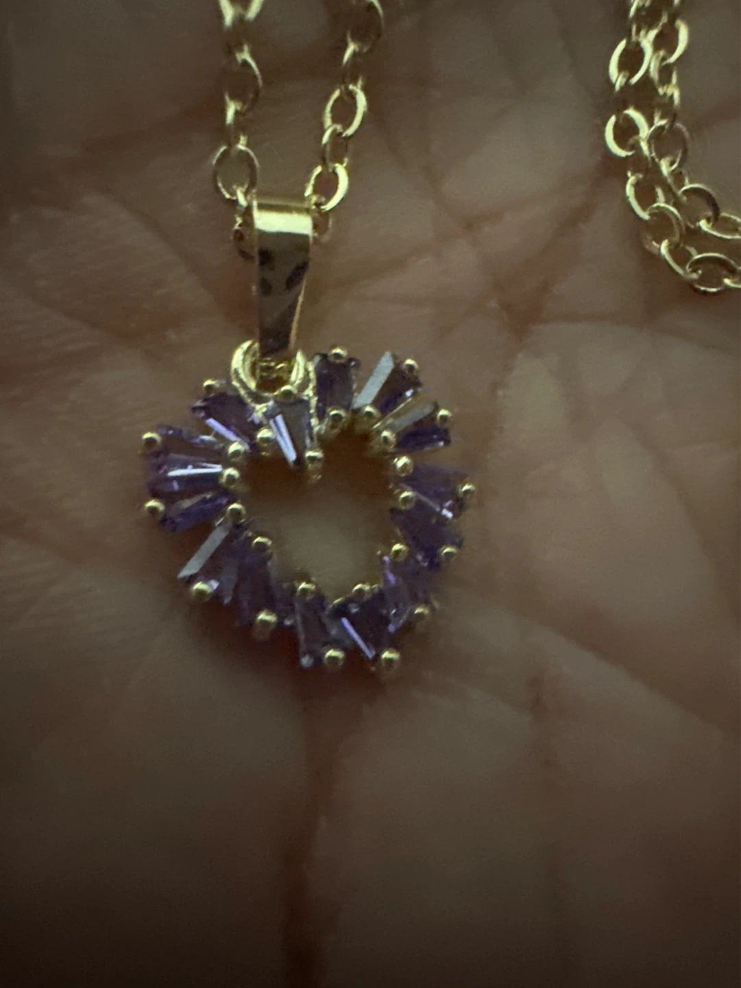 14kGold laminated Heart Necklace with Purple Baguette Crystals - photo 2