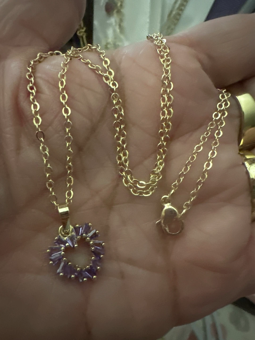 14kGold laminated Heart Necklace with Purple Baguette Crystals