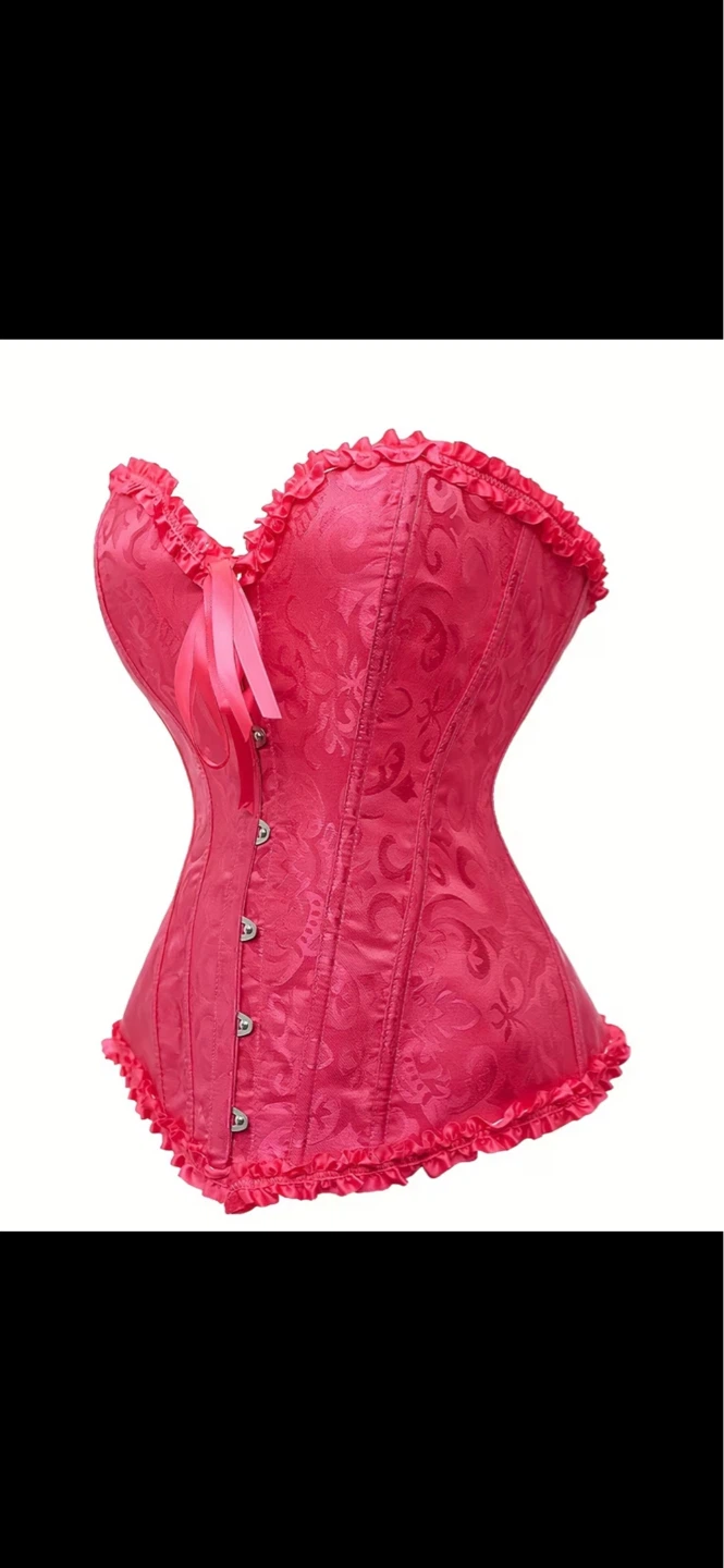 Pink boned Corset with Ruffle Trim and laced back. Size large