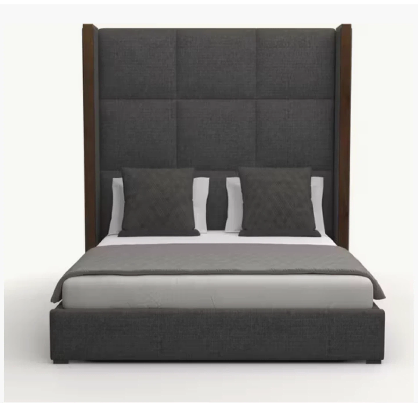 Dark Gray Upholstered Bed Frame with Wood Accents