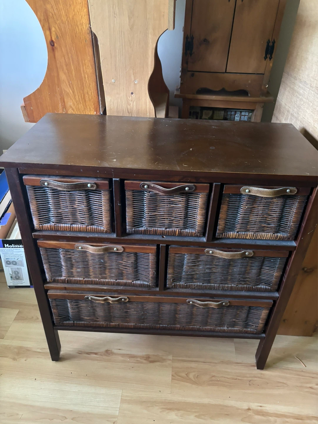 Dark Wood and Wicker Dresser with 6 Drawers